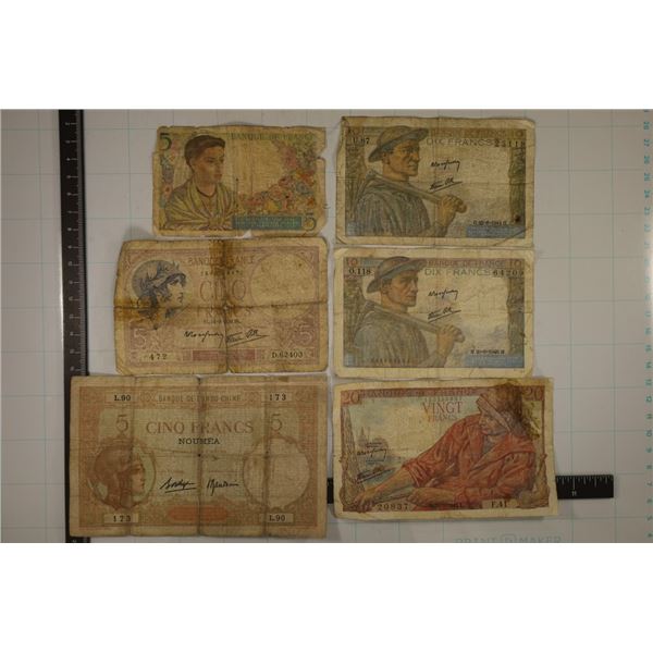 6-FRANCE BILLS: 1939 FIVE FRANCS, 1943 FIVE FRANC,