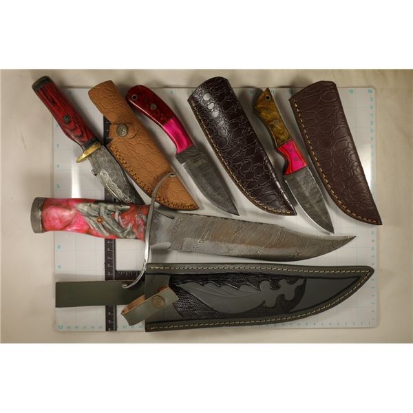 4 DAMSCUS STEEL KNIVES: 1-7.75", 2-8" & 1-15.5"