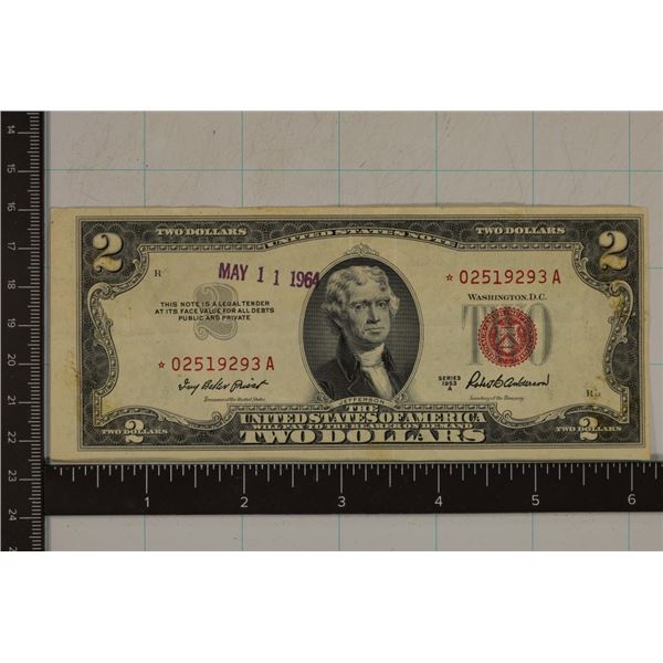 1953-A US $2 RED SEAL STAR NOTE SOME STAINING