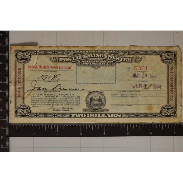 SERIES 1939 US POSTAL SAVINGS SYSTEM BOND. SERIAL