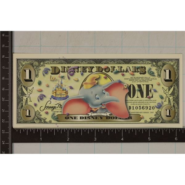 2005 DISNEY $1 CRISP UNC COLORIZED BILL "DUMBO"
