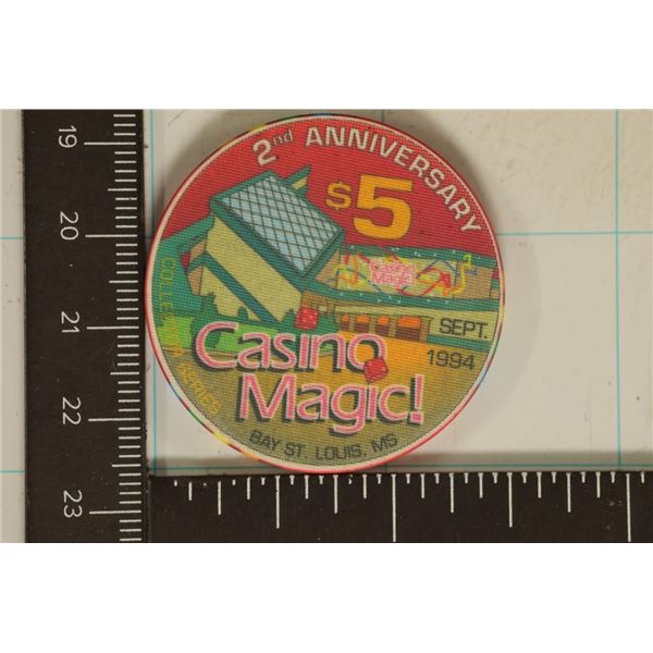 $5 CASINO MAGIC CASINO CHIP 1994 2ND ANNIVERSARY