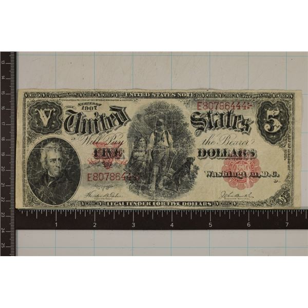 SERIES 1907 US WOOD CHOPPER $5 RED SEAL NOTE