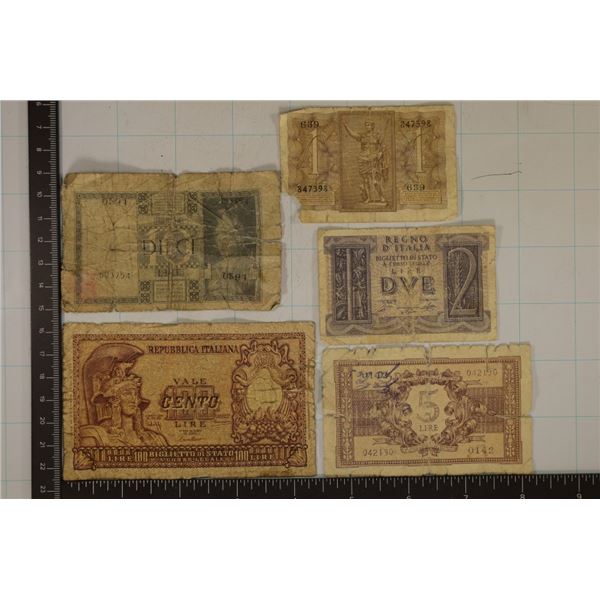 5 ITALY BILLS 1939 ONE LIRE, 1939 TWO LIRE, 1944