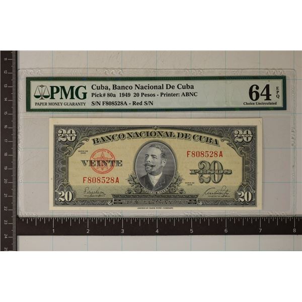 1949 CUBA 20 PESO PMG 64 CHOICE UNC.  EXCEPTIONAL