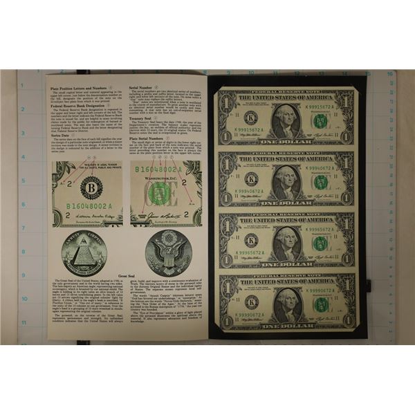 UNCUT SHEET OF 4-1993 US $1 FRN'S GREEN SEALS