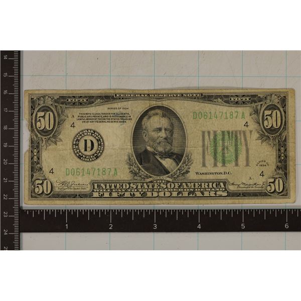 1934 US $50 FRN GREEN SEAL SMALL TEAR LEFT EDGE