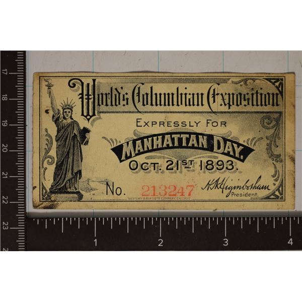OCT. 21ST, 1893 WORLD'S COLUMBIAN EXPO MANHATTAN