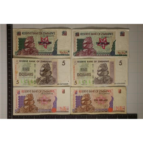 6-ZIMBABWE BILLS: 2-1997-$5, 2-2007-$5 ONE IS HAS