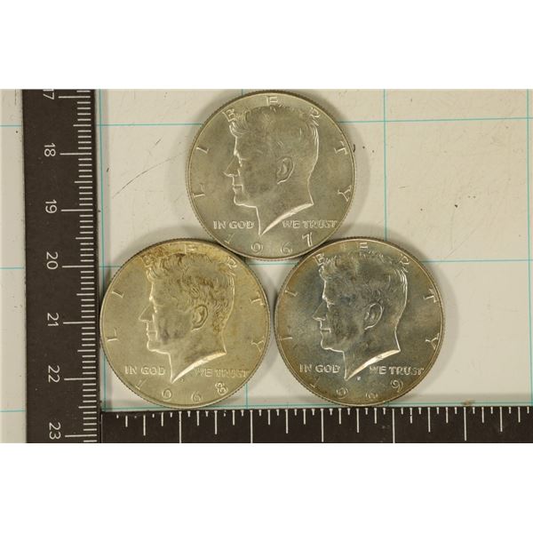 3-40% SILVER JOHN F. KENNEDY HALVES: 1967, 68 & 69