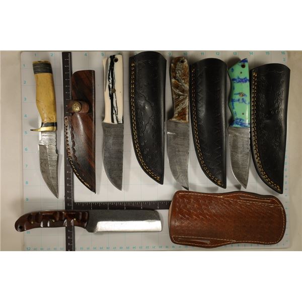 5 KNIVES: 4 DAMASCUS STEEL & 1 CARBON STEEL COWBOY