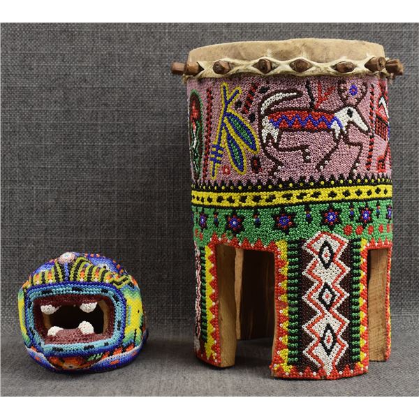 HUICHOL DRUM AND JAGUAR HEAD