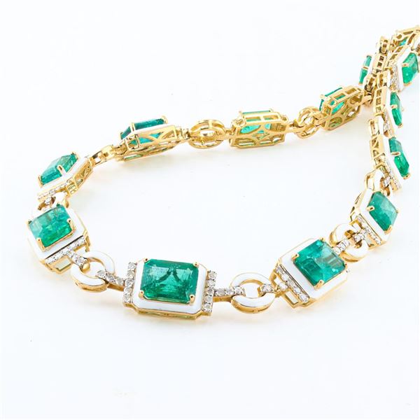 23.37 ctw Emerald and 2.05 ctw Diamond 14K Yellow Gold Necklace with White Ename