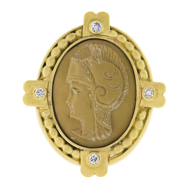 Vintage 18k Yellow Gold Carved Beige Hardstone Trojan Cameo & Diamond Pin Brooch
