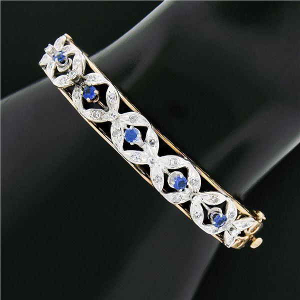 Vintage 14K TT Gold 1.50 ctw Diamond & Sapphire Open Flower Hinged Bangle Bracel