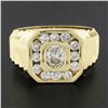 Image 2 : Mens 14k Yellow Gold 1.13 ctw Bezel Oval & Square Halo Diamond Ribbed Shank Ring