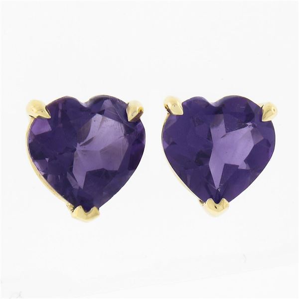 Estate 14K Yellow Gold 1.35 ctw Heart Prong Set Amethyst Solitaire Stud Earrings