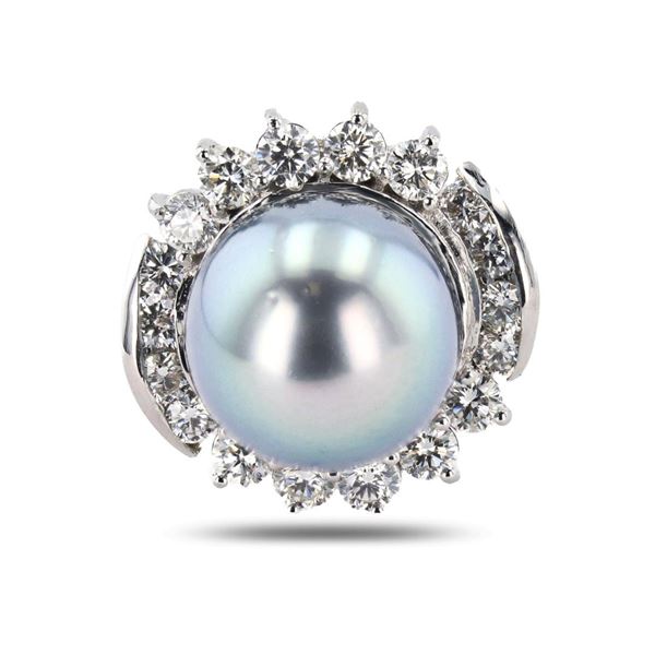 14mm Tahitian Cultured Pearl and 1.80 ctw Diamond 18K White Gold Ring (GIA CERTI