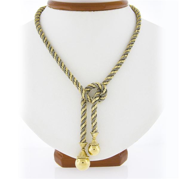 Vintage Tiffany & Co 14K Gold Twisted Wheat & Rope Chain w/ Knot Lariat Necklace