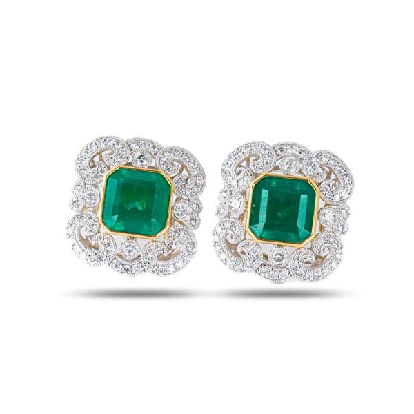 5.17 ctw Emerald and 0.73 ctw Diamond Platinum and 18K Yellow Gold Earrings