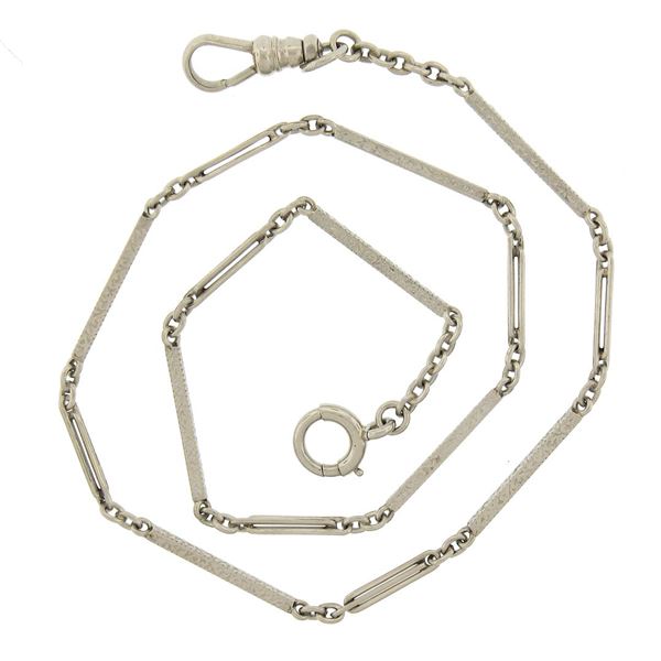 Antique 14K White Gold Engraved & Open Bar Link Pocket Watch Chain w/ Dog Clip