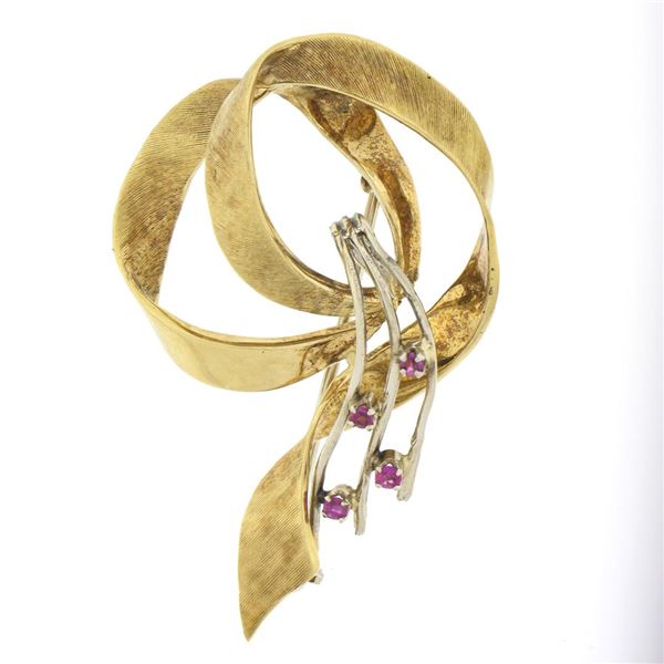 Vintage Birk 18k TT Gold Textured & Florentine Finish Pin Brooch w/ Old Cut Ruby