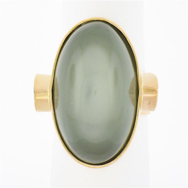 22K Gold Large GIA Oval Cabochon Bezel Cat's Eye Moonstone Trillion Peridot Ring