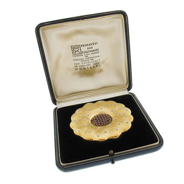 18K Gold & Platinum Ruby & Diamond Hammered Textured LARGE Flower Pendant Brooch