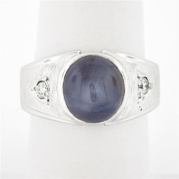 Mens Vintage 14K White Gold Bezel Star Sapphire & Diamond Florentine Finish Ring