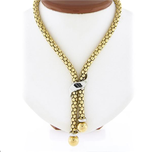 14k TT Gold Fancy Popcorn Link Chain Lariat Necklace w/ Polished Bead Tassels
