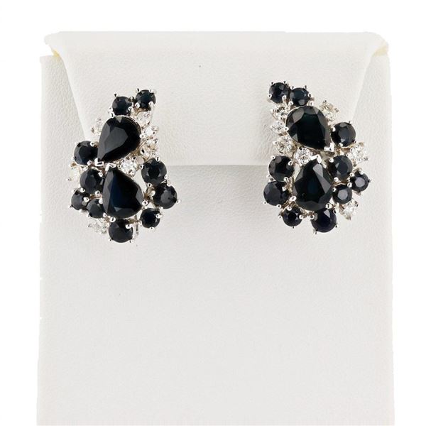 12.89 ctw Blue Sapphire and 1.18 ctw Diamond 14K White Gold Earrings