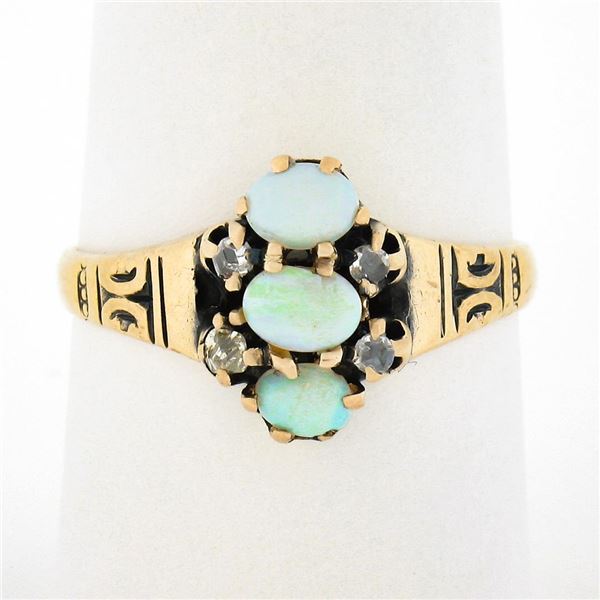 Antique Victorian 14K Gold Oval Cabochon Opal & Diamond Cluster Etched Band Ring