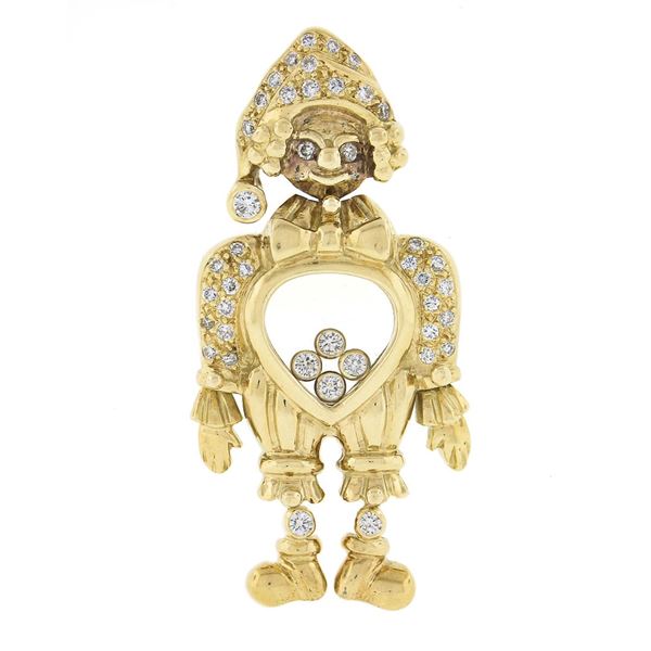 18K Yellow Gold Moving Boy Clown Large Pendant 0.65 ctw Floating Round Diamonds