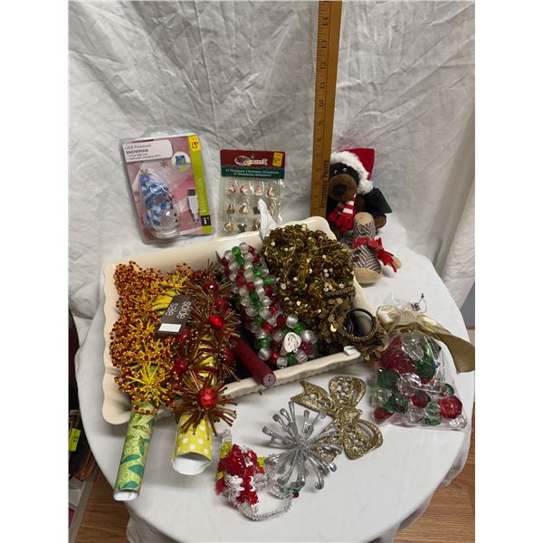 Assorted Christmas decor, ornaments, and a napkin rings