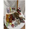 Image 1 : Assorted Christmas decor, ornaments, and a napkin rings