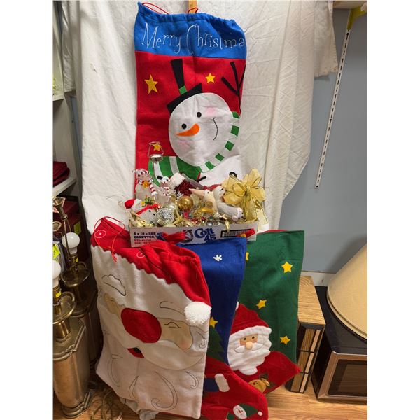 Christmas decor, bags, and stockings