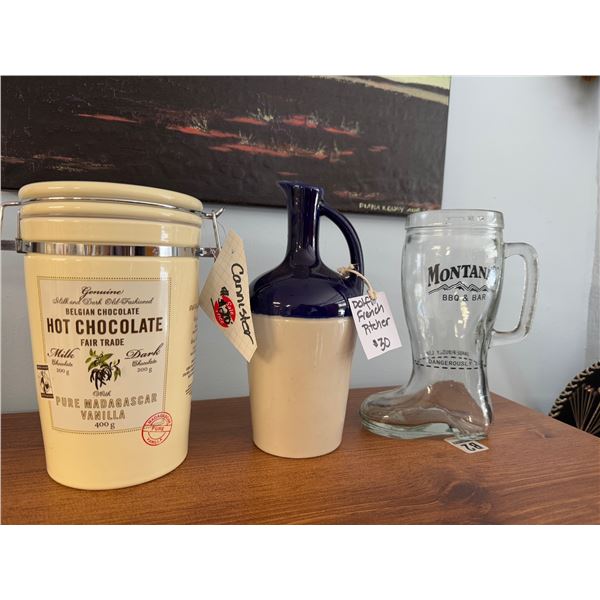 Montana's boot mug, French pitcher, and hot chocolate canister