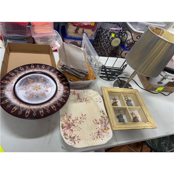 Lamp, hanging decor, platter, and other items