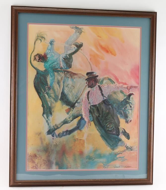 Watercolor of Rodeo Clown & Bull Rider.