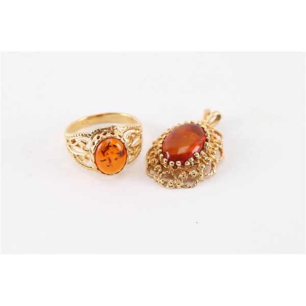 Ladies Amber Pendant & Ring Set