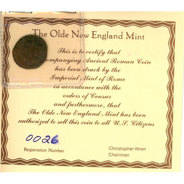 Lot of 7 Ancient Roman Coins; The Olde New England Mint; Registration #26-27 & 47-51