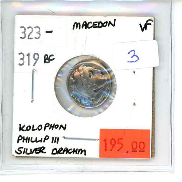 323-319 BC Silver Drachm; Macedon; Kolophon Phillip III