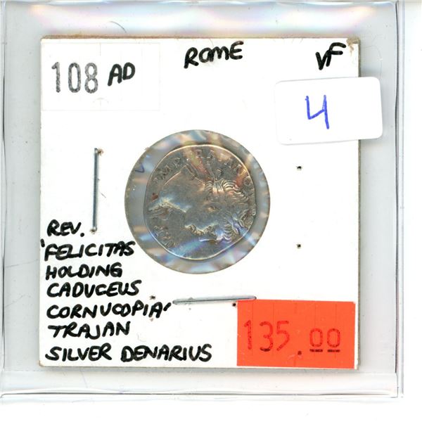 108 AD Silver Denarius; Rome; Rev. 'Felicitas Holding Caduceus Cornucopia' Trajan