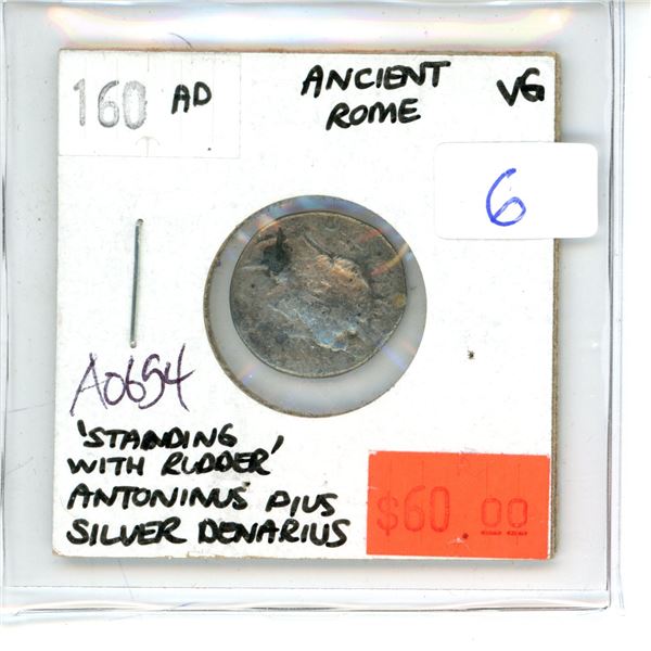 160 AD Silver Denarius; Ancient Rome; 'Standing with Rudder' Antoninus Pius