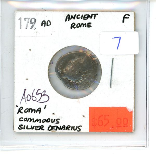 179 AD Silver Denarius; Ancient Rome; 'Roma' Commodus