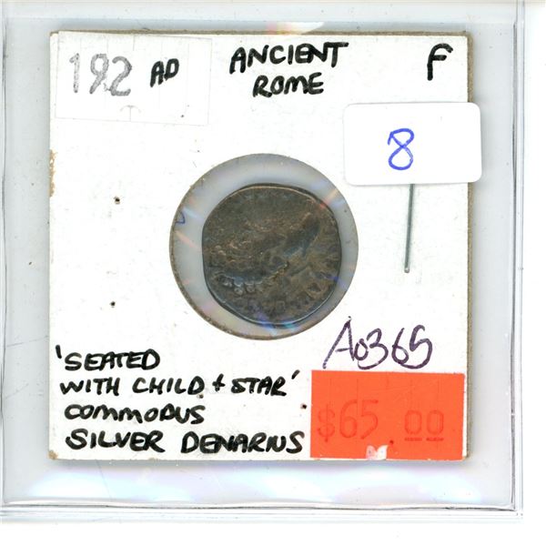 192 AD Silver Denarius; Ancient Rome; 'Seated with Child & Star' Commodus