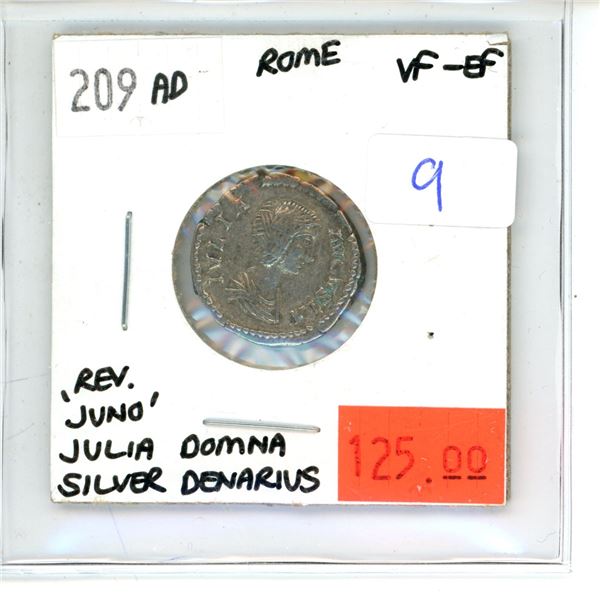 209 AD Silver Denarius; Rome; Rev. 'Juno' Julia Domna