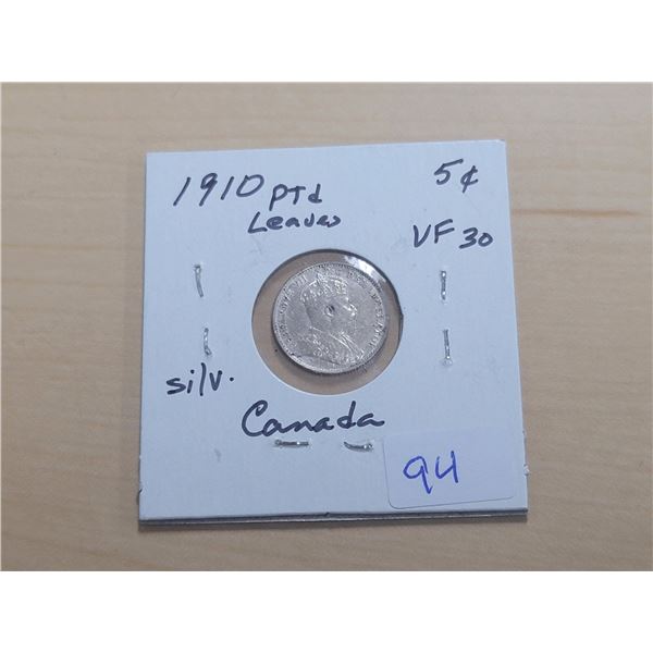1910 Pt Leaves Canada Silver 5¢