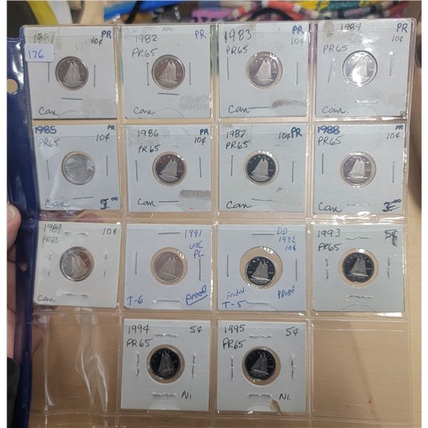 Lot of 14 Canada Proof 10¢: 1981 - 1989, 1991 - 1995