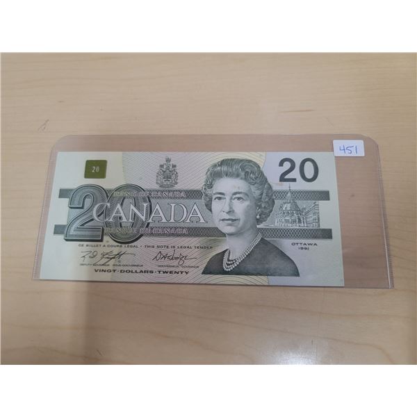 1991 Canada $20 banknote; Knight/Dodge (#AWO 7048553)
